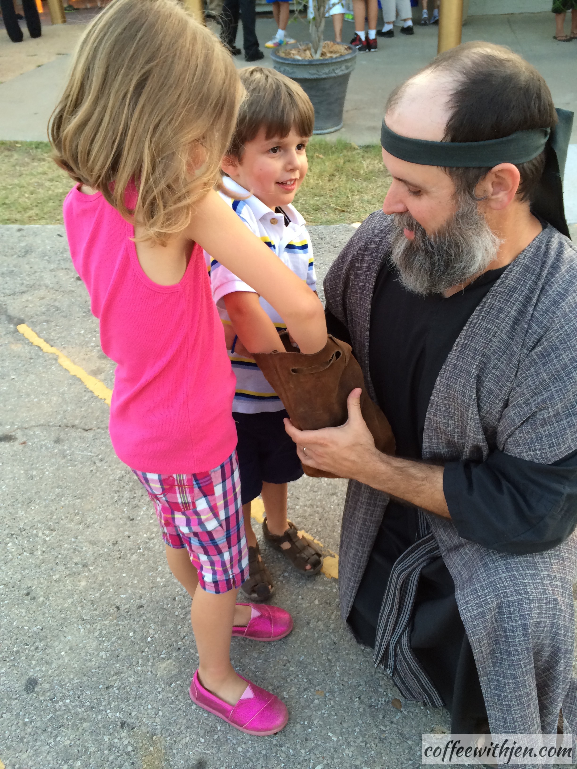 Meeting Judas before the play.  He gave the kids a piece of silver.